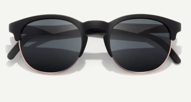 round black sunglasses with dark lenses on a white background
