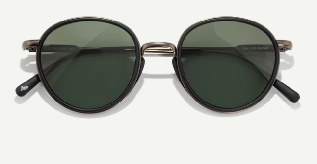 Round sunglasses with dark lenses on a white background