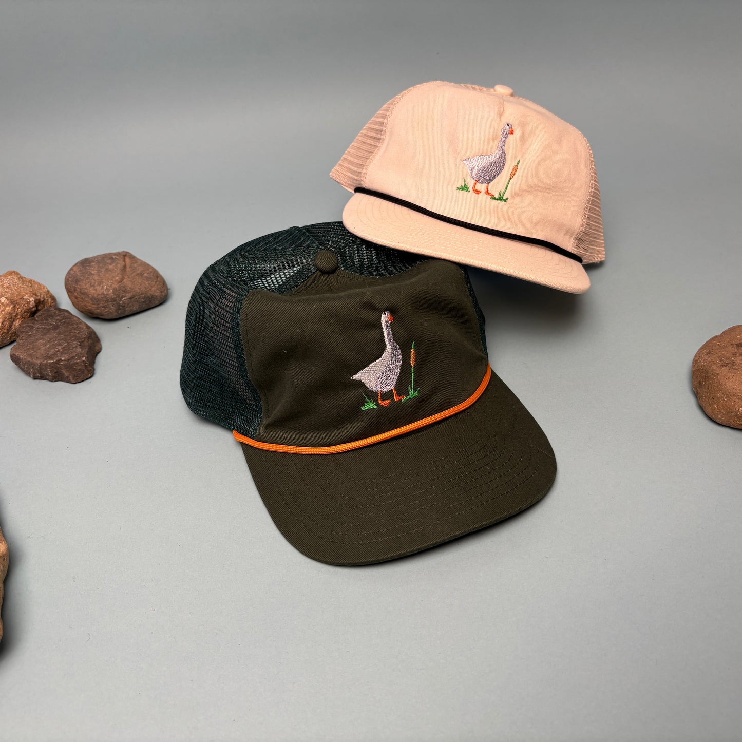 Embroidered Goose Hat Forest Green and Ivory Mesh Back