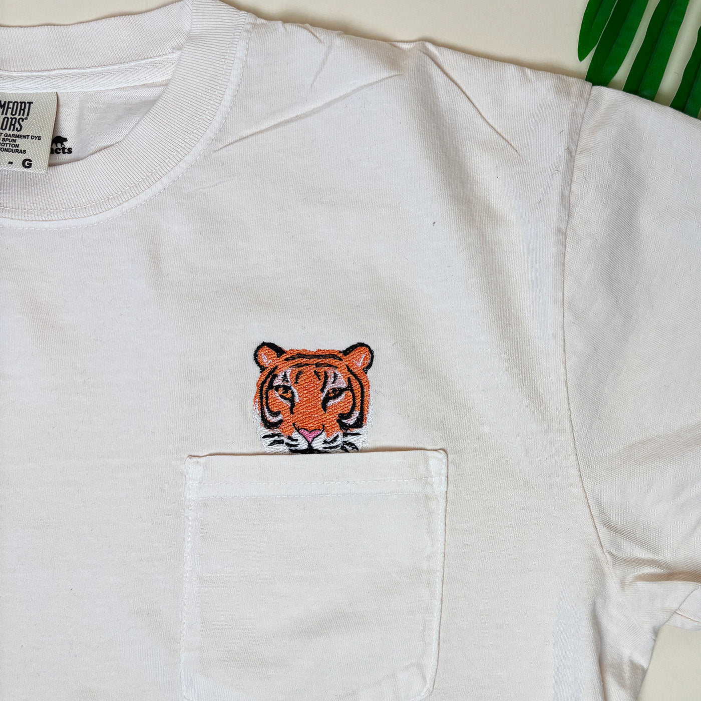Embroidered Tiger Pocket Tee – Unisex Cotton Wildlife Shirt
