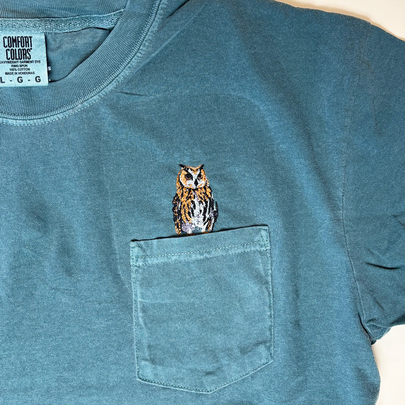 Embroidered Great Horned Owl Cotton Pocket Tee - Unisex Nature-Inspired Shirt for Bird Lovers