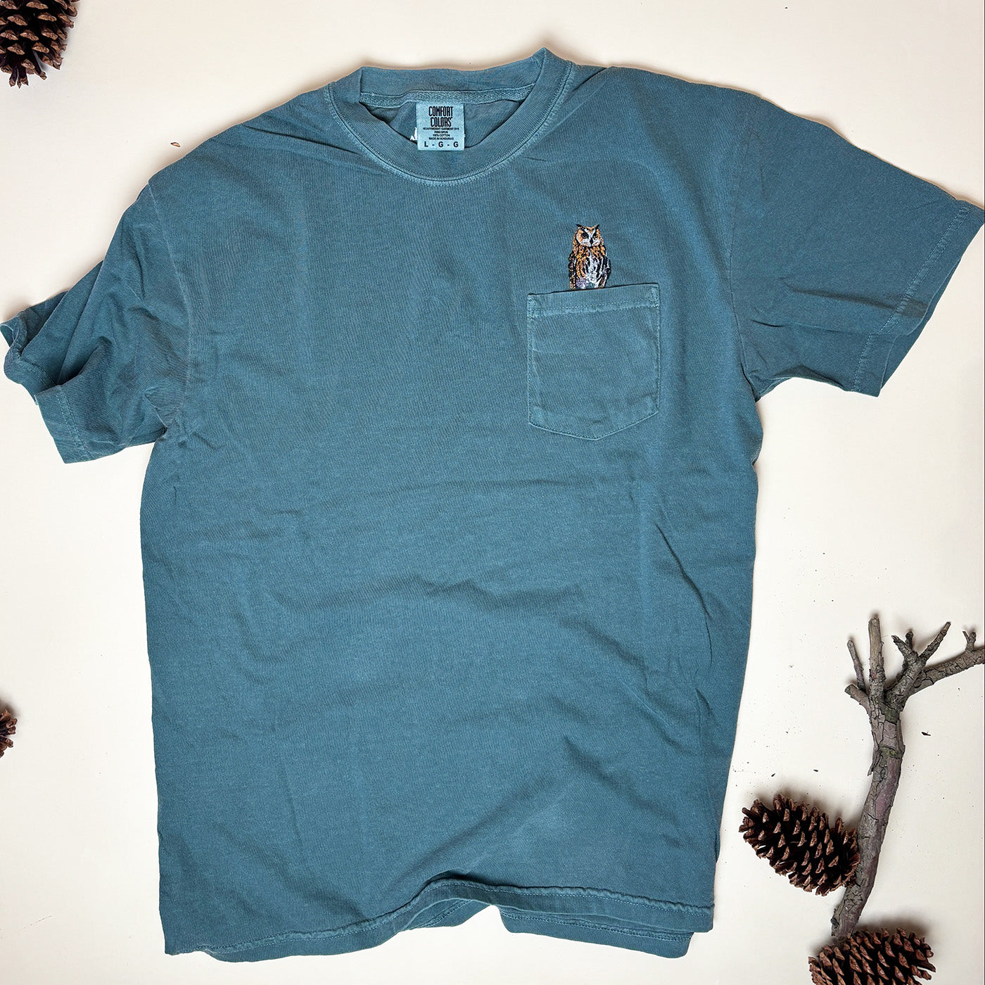 Embroidered Great Horned Owl Cotton Pocket Tee - Unisex Nature-Inspired Shirt for Bird Lovers