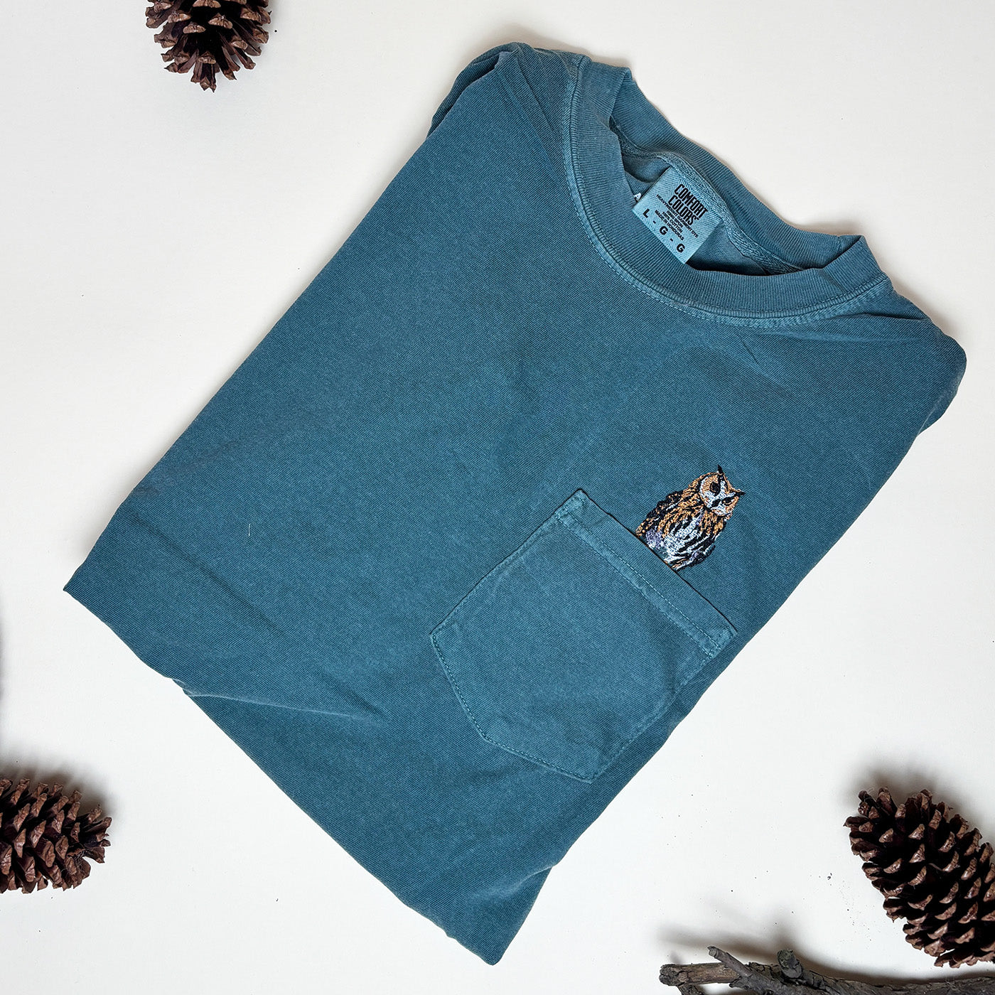 Embroidered Great Horned Owl Cotton Pocket Tee - Unisex Nature-Inspired Shirt for Bird Lovers
