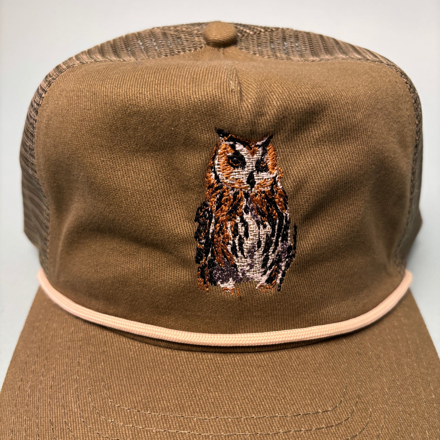 Embroidered Great Horned Owl Mesh Back Trucker Hat- Olive Green