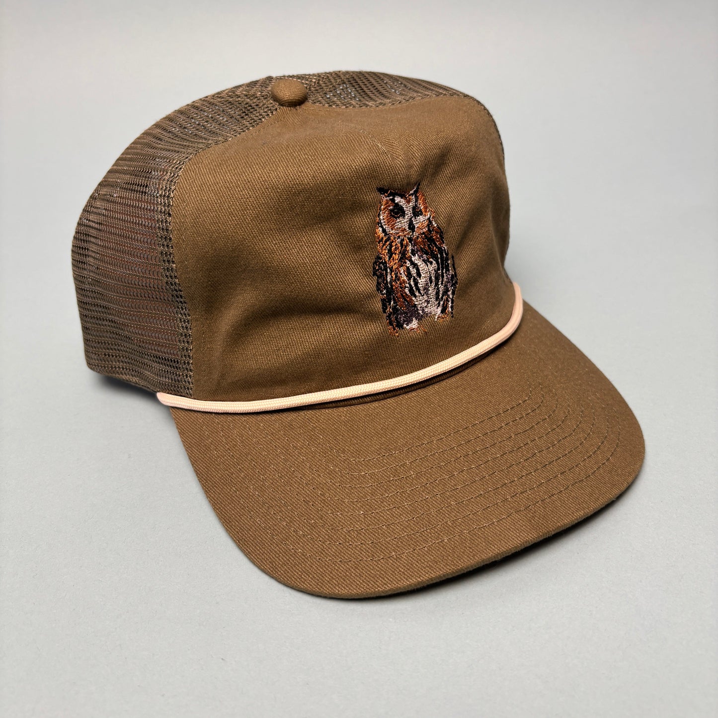 Great Horned Owl Mesh Back Trucker Hat- Olive Green with White rope on brim