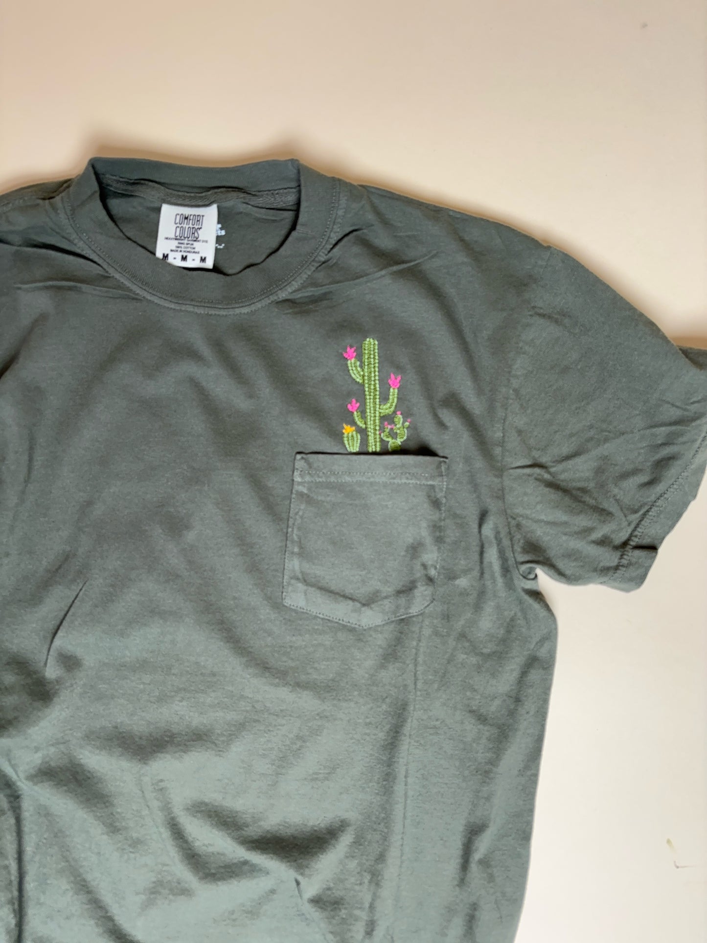 Botanical Cactus Embroidered Flower Unisex Tee Pocket Shirt