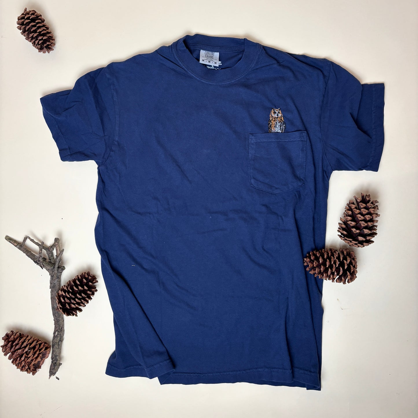 Embroidered Great Horned Owl Cotton Pocket Tee - Unisex Nature-Inspired Shirt for Bird Lovers