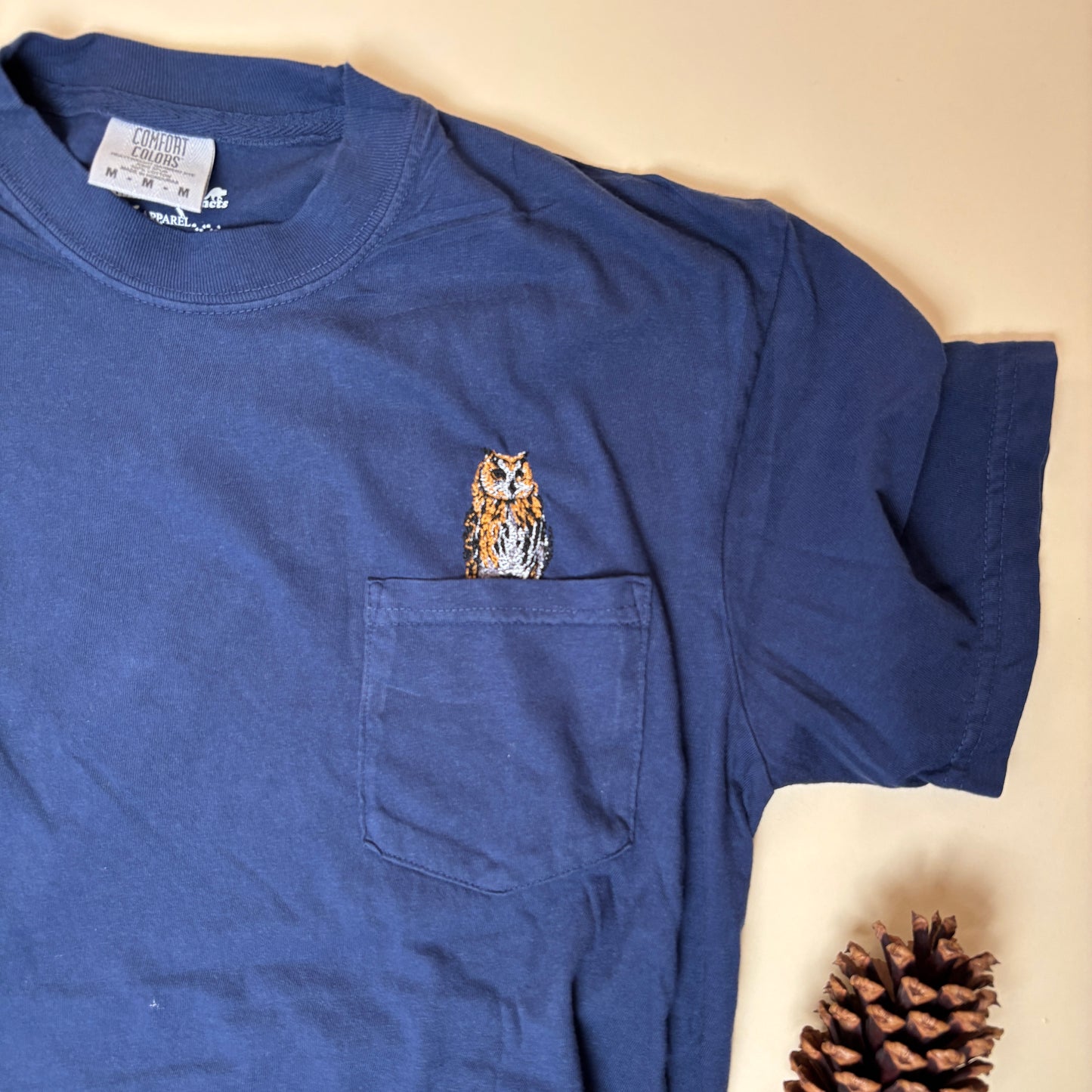 Embroidered Great Horned Owl Cotton Pocket Tee - Unisex Nature-Inspired Shirt for Bird Lovers