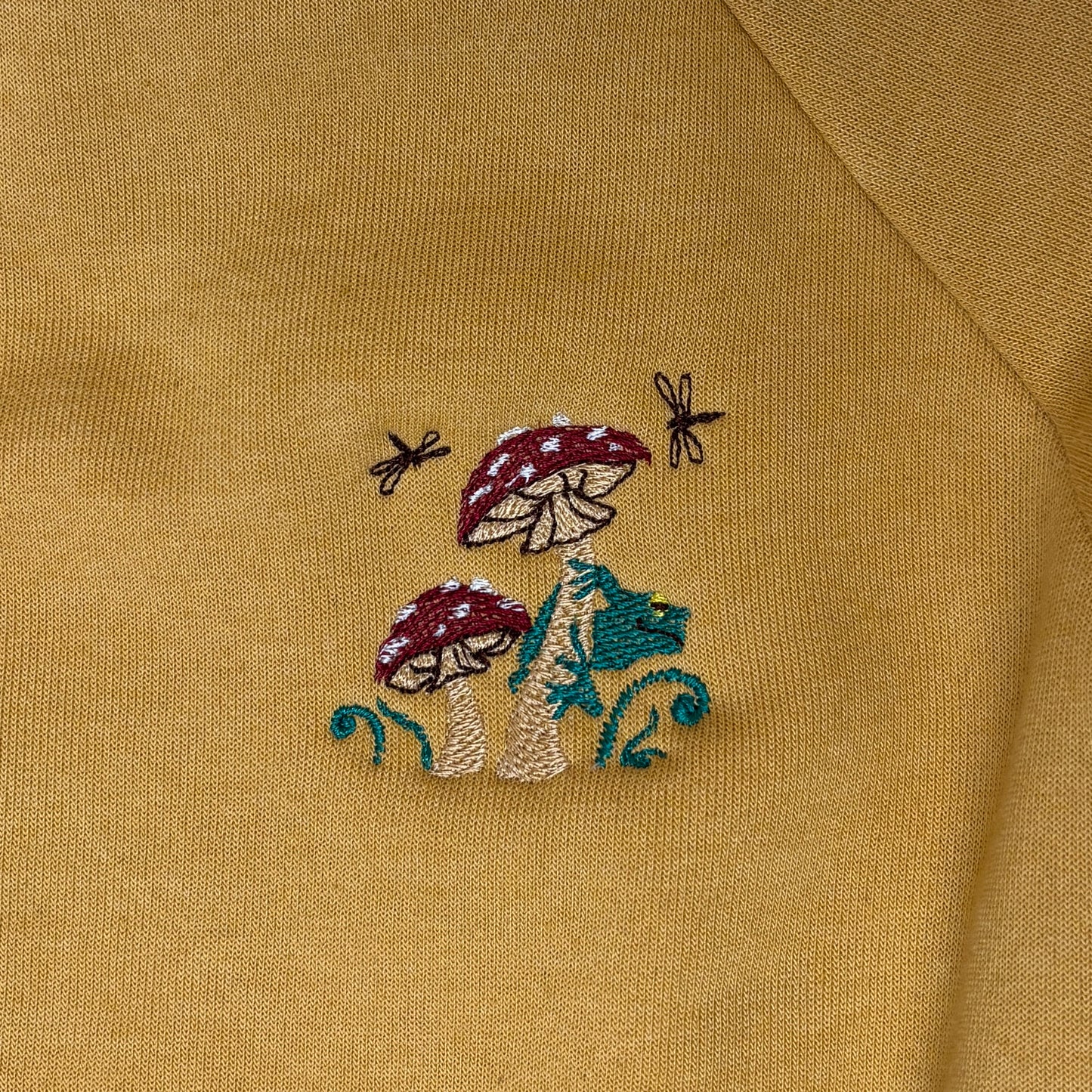 Ladies Embroidered MushroomâFrog Cropped Crew Sweater