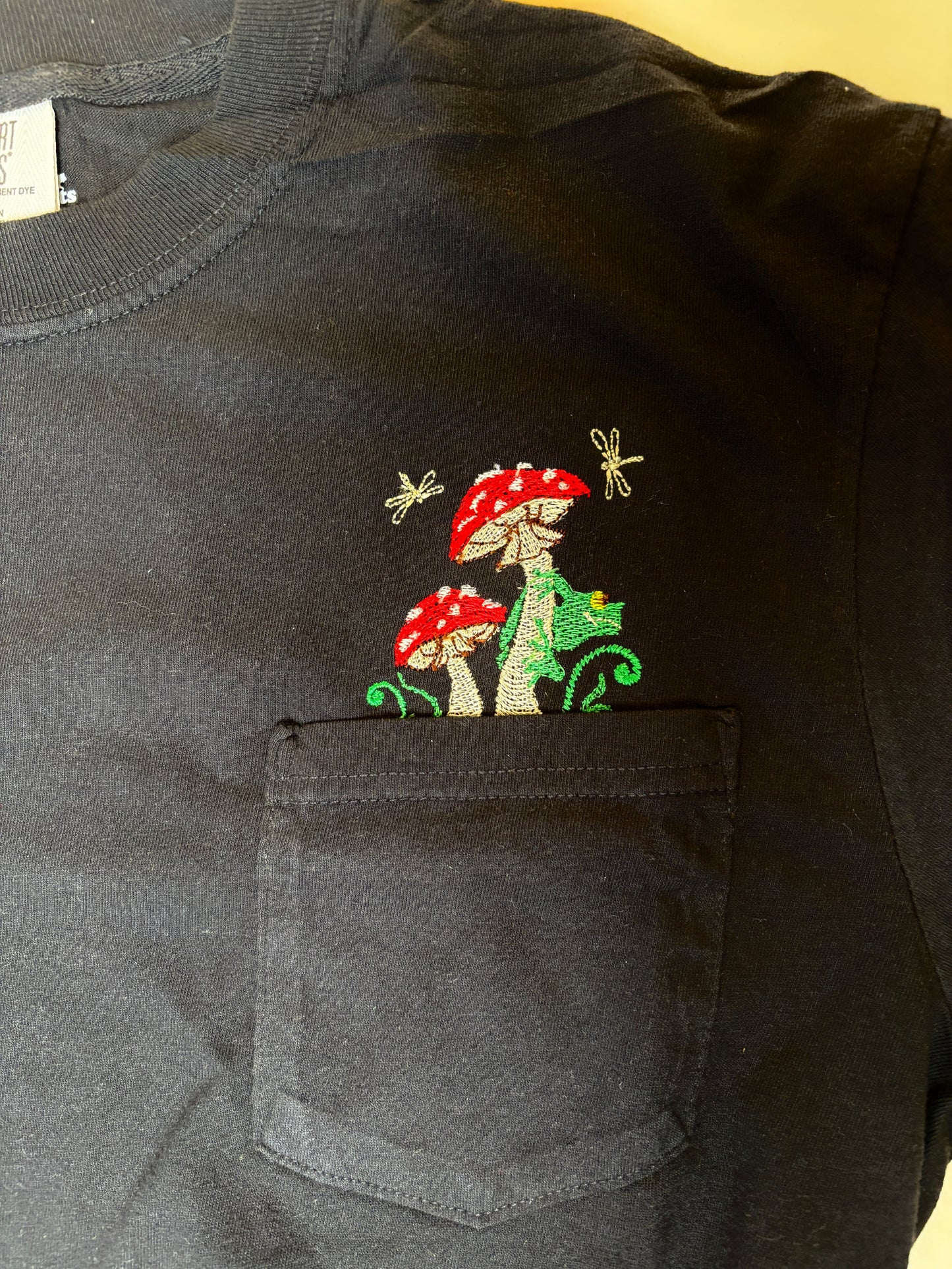 Unisex Embroidered Mushroom - Frog Pocket Tee