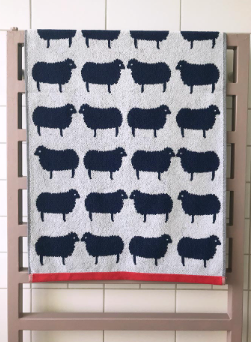 blue kissing sheep on white background with coral trim