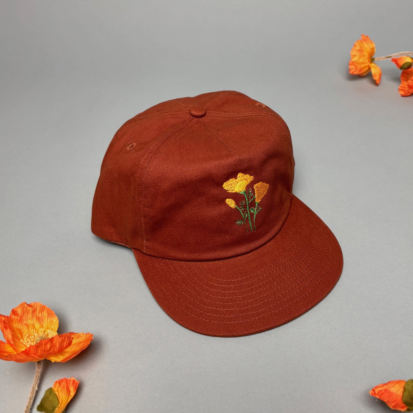 Embroidered California Poppies - Brushed Cotton Snap Back Hat