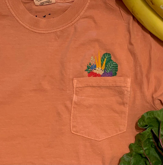 Unisex Embroidered Farmer’s Market Vegetable Cotton Pocket Tee Terracotta