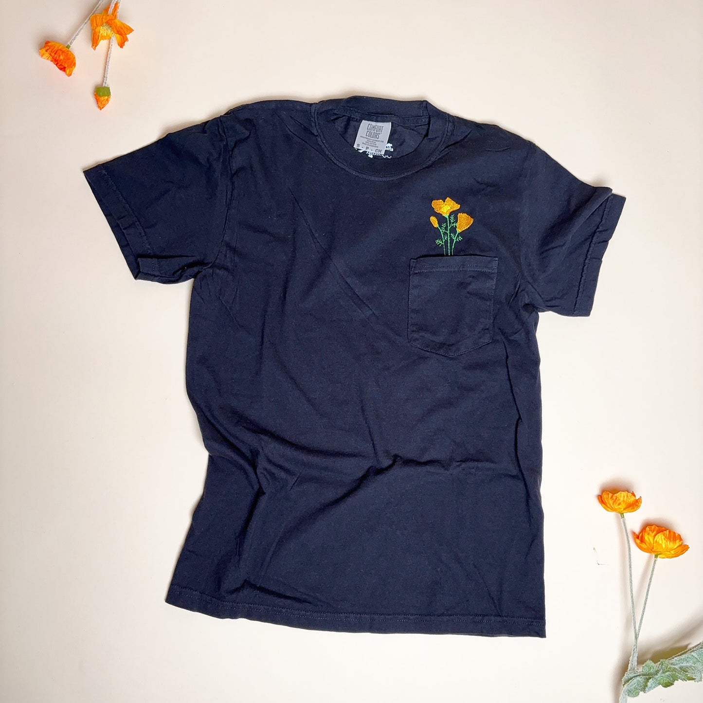 Unisex Embroidered California Poppy Pocket Tee in Comfort Colors