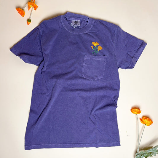 Unisex Embroidered California Poppy Pocket Tee in Comfort Colors