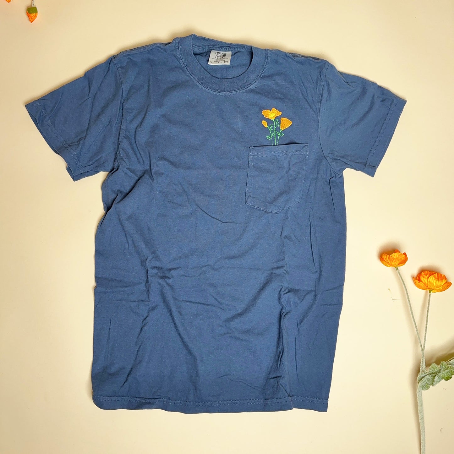 Unisex Embroidered California Poppy Pocket Tee in Comfort Colors