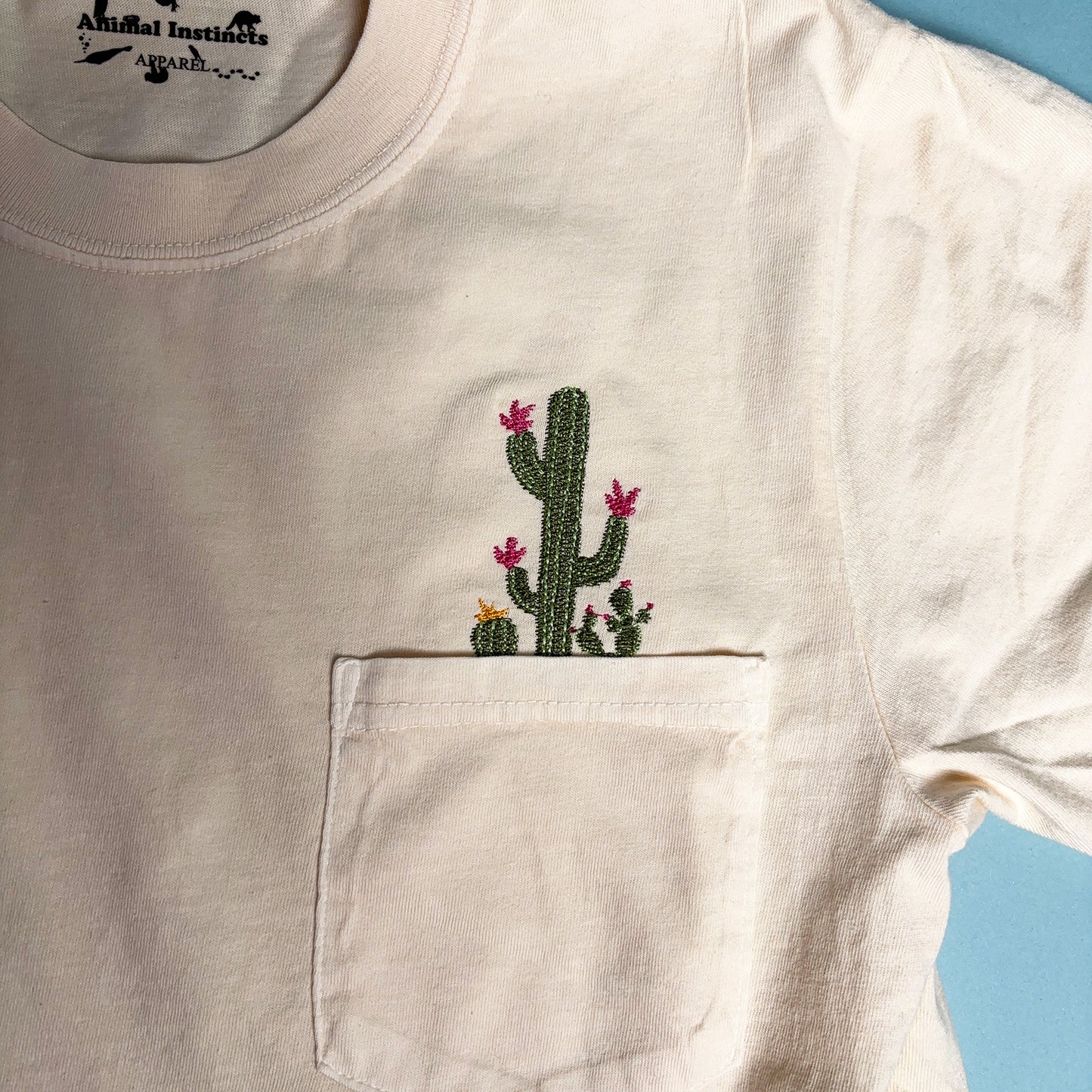 Botanical Cactus Embroidered Flower Unisex Tee Pocket Shirt