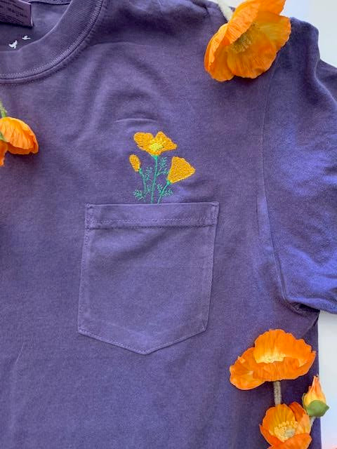 Unisex Embroidered California Poppy Pocket Tee in Comfort Colors