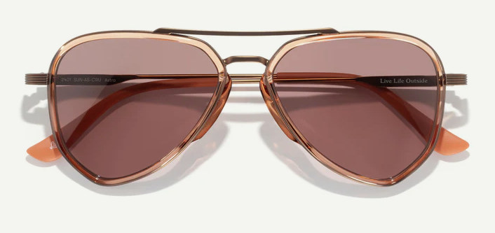 aviator shaped sunglasses with rose gold frame and brown lenses on a white background