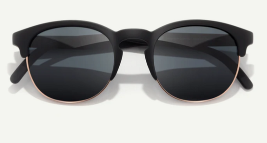 round black sunglasses with dark lenses on a white background