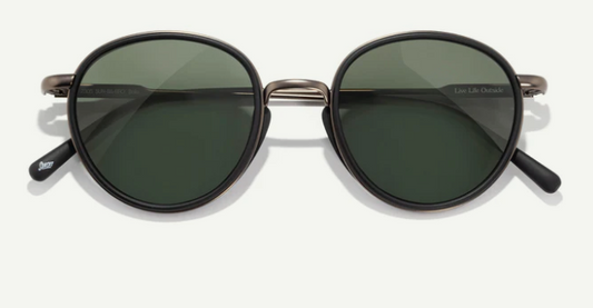 Round sunglasses with dark lenses on a white background