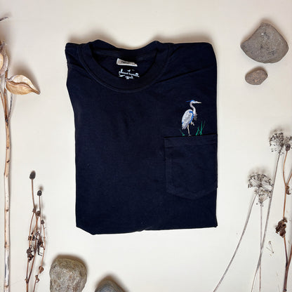 Embroidered Blue Heron Pocket Tee - Unisex - Bird Lover