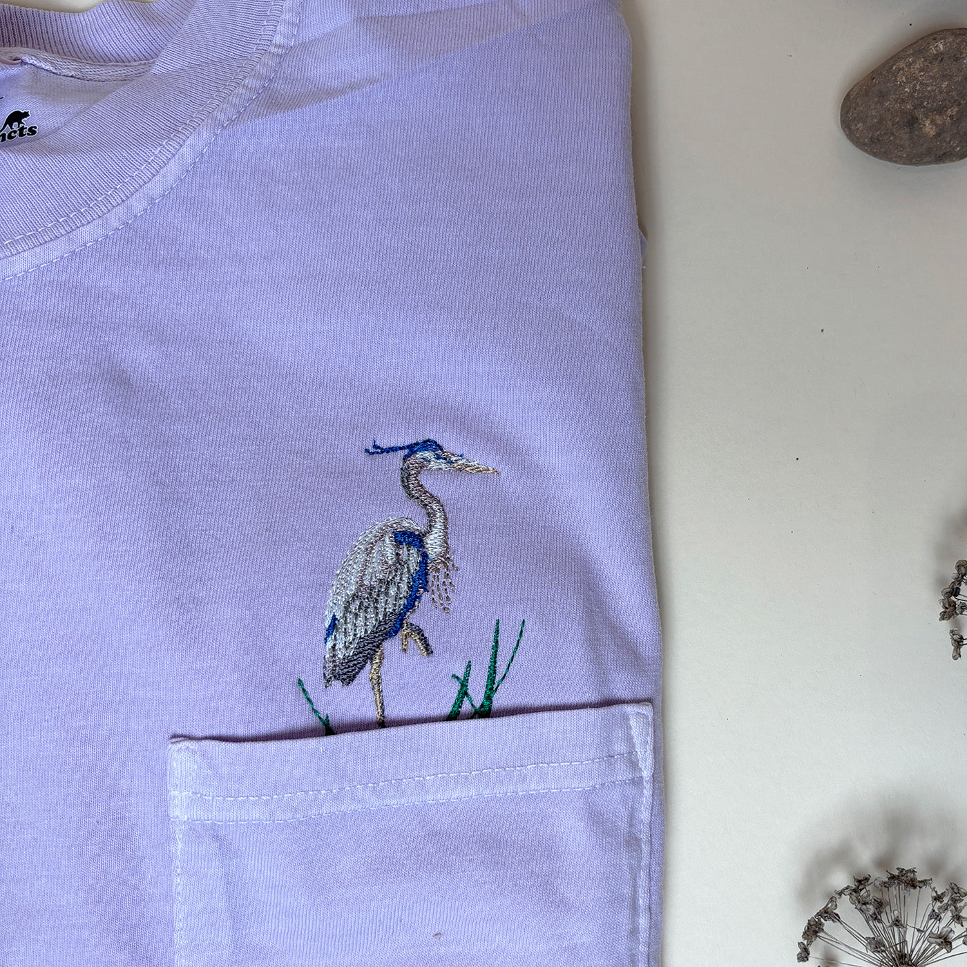 Embroidered Blue Heron Pocket Tee - Unisex - Bird Lover
