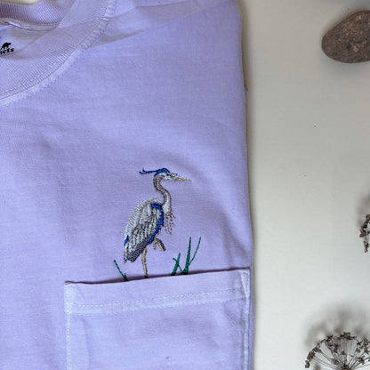 Embroidered Blue Heron Pocket Tee - Unisex - Bird Lover