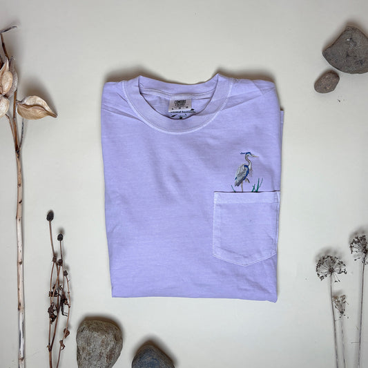Embroidered Blue Heron Pocket Tee - Unisex - Bird Lover
