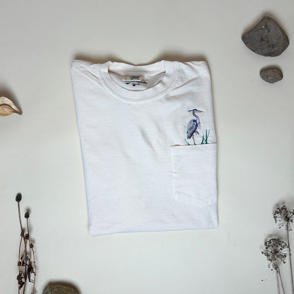 Embroidered Blue Heron Pocket Tee - Unisex - Bird Lover
