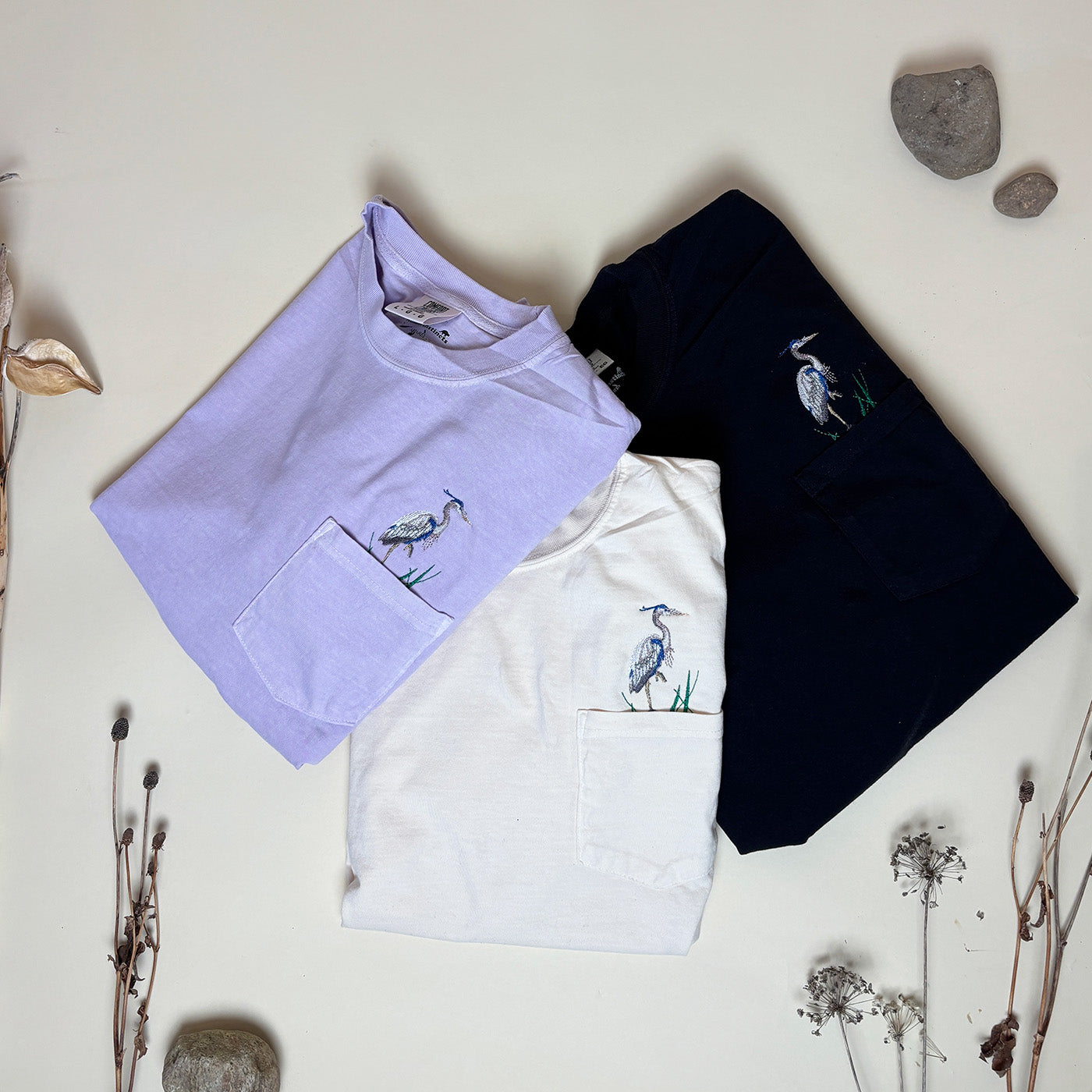 Embroidered Blue Heron Pocket Tee - Unisex - Bird Lover