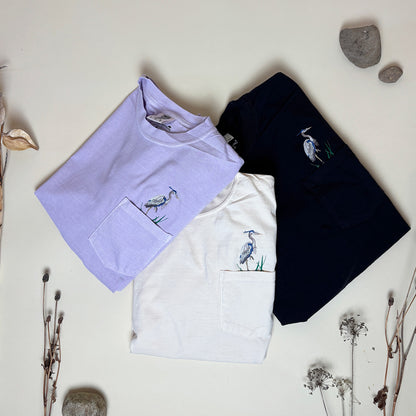 Embroidered Blue Heron Pocket Tee - Unisex - Bird Lover