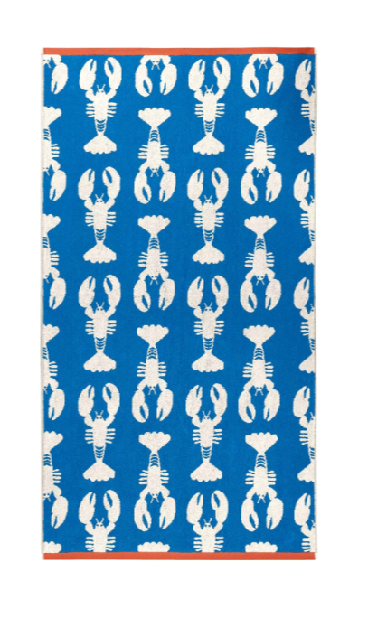 Blue background with white lobster pattern with red trim