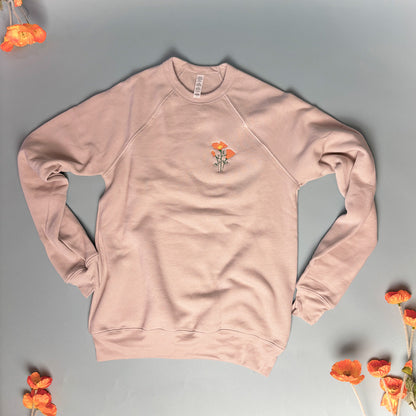 Embroidered California Poppy Unisex Crew Neck Sweater