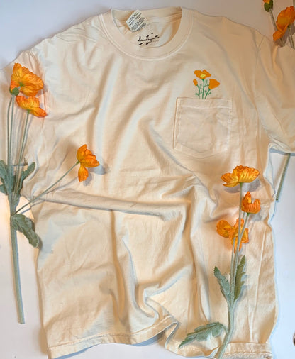 Unisex Embroidered California Poppy Pocket Tee in Comfort Colors