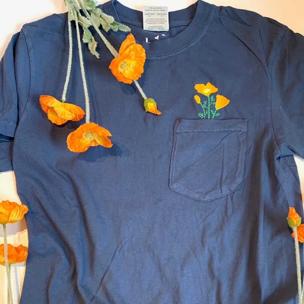 Unisex Embroidered California Poppy Pocket Tee in Comfort Colors