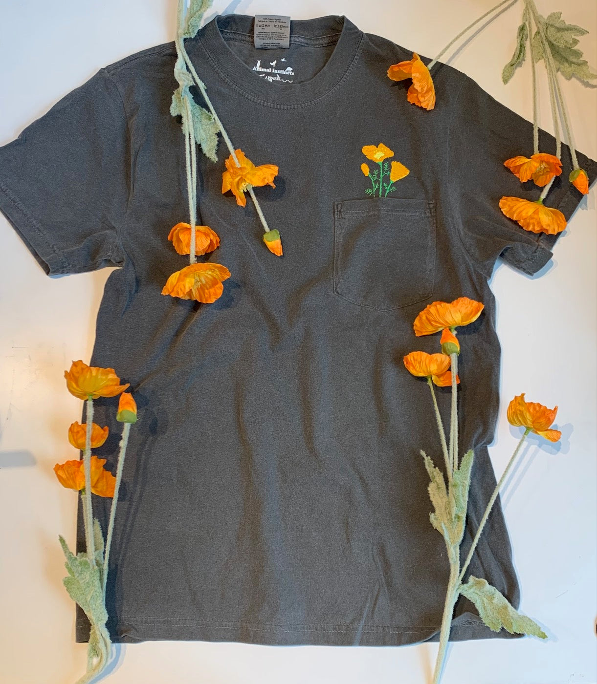 Unisex Embroidered California Poppy Pocket Tee in Comfort Colors