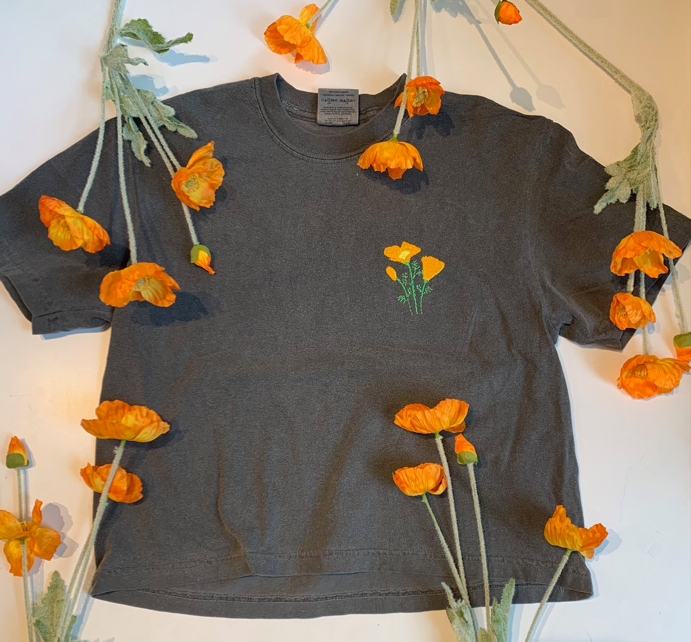 Embroidered Cotton Middie Tee with California Flower Design