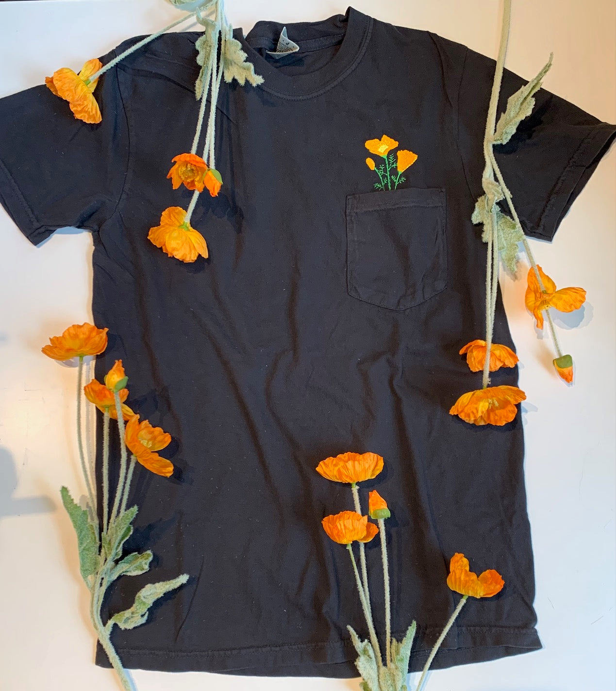 Unisex Embroidered California Poppy Pocket Tee in Comfort Colors