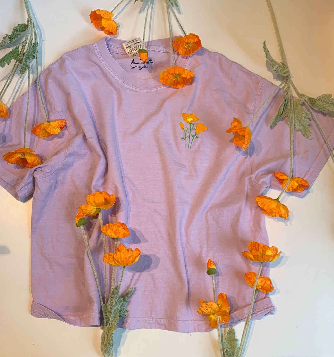 California Embroidered Poppies Womens' Cropped Shirt Orchid Lavender cotton