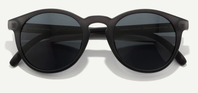 Round black sunglasses with dark lenses on a white background