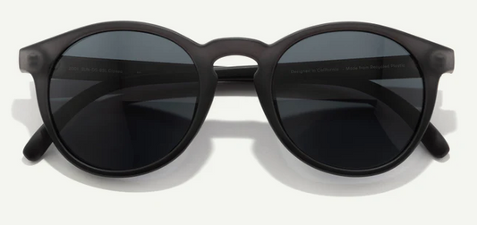Round black sunglasses with dark lenses on a white background