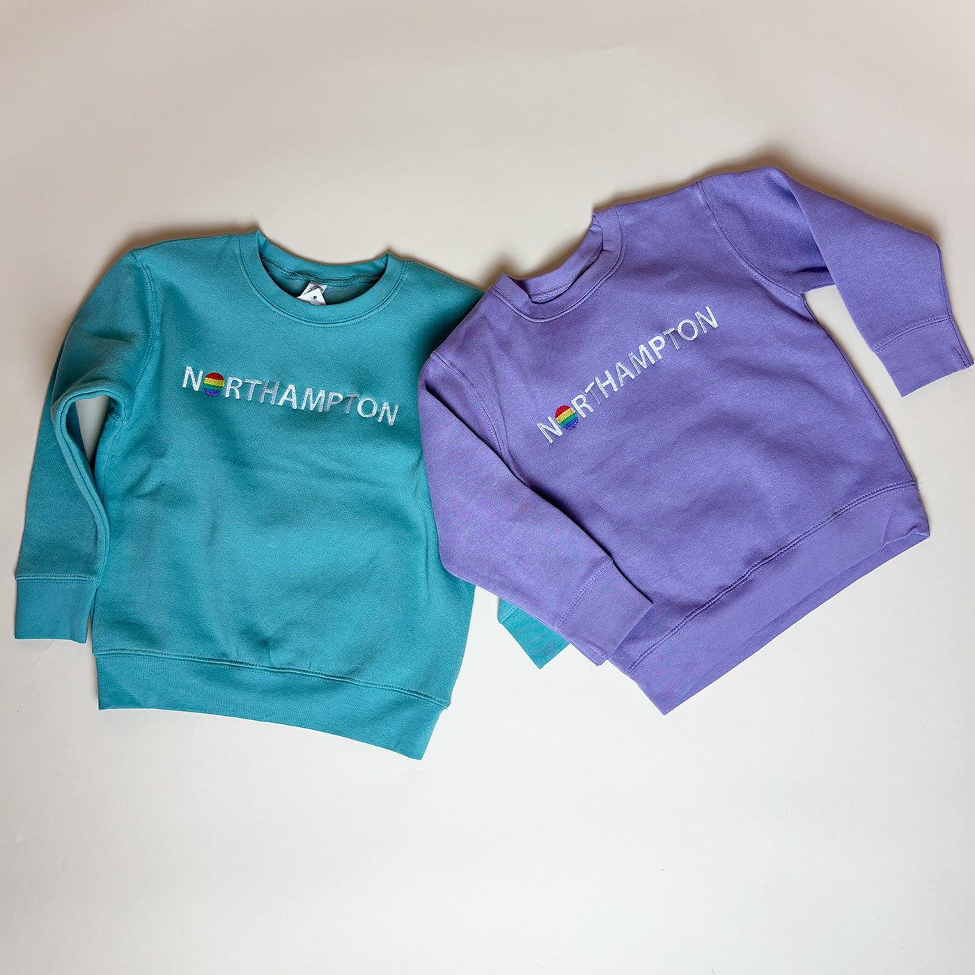 Northampton Rainbow Text Embroidered Sweatshirt | Colorful Font Crewneck | Kids Cotton Fleece