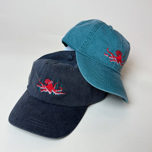 Embroidered Octopus Dad Hat | Original Artwork Cotton Cap with Adjustable Leather Strap