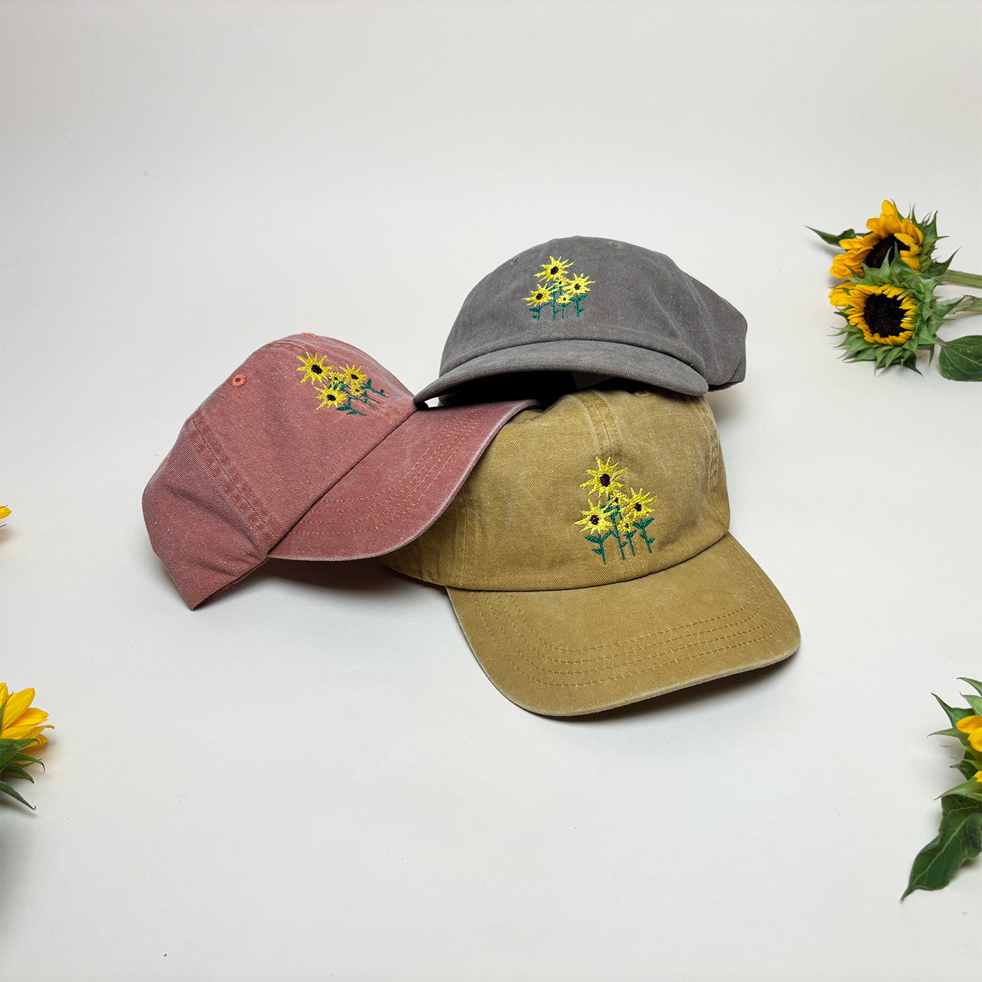 Embroidered Sunflower Dad Hat – Washed Denim
