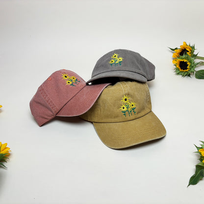 Embroidered Sunflower Dad Hat – Washed Denim