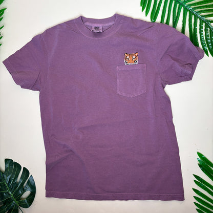 Embroidered Tiger Pocket Tee – Unisex Cotton Wildlife Shirt