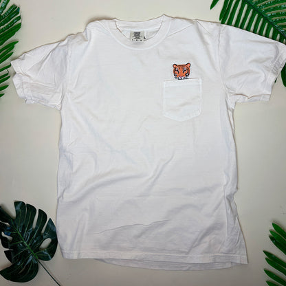 Embroidered Tiger Pocket Tee – Unisex Cotton Wildlife Shirt