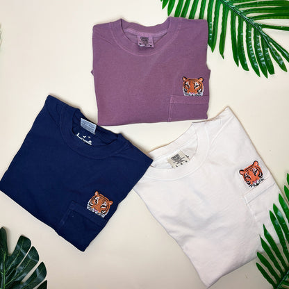 Embroidered Tiger Pocket Tee – Unisex Cotton Wildlife Shirt