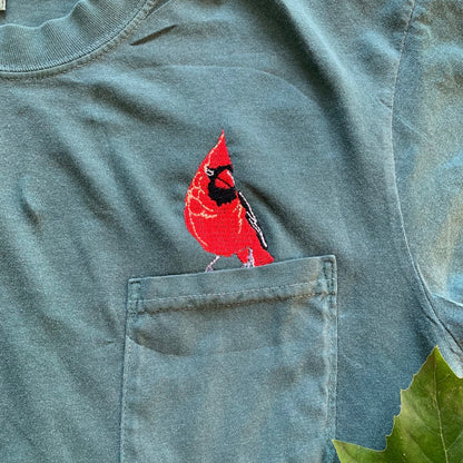 Embroidered Cardinal Bird Watcher Pocket Tee for Nature Lovers On Blue Spruce Shirt